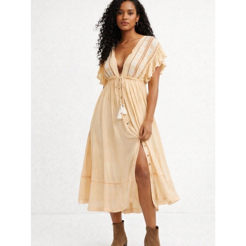 Free People Will Wait For You Midi Dress Boho Cream Embroidered Medium